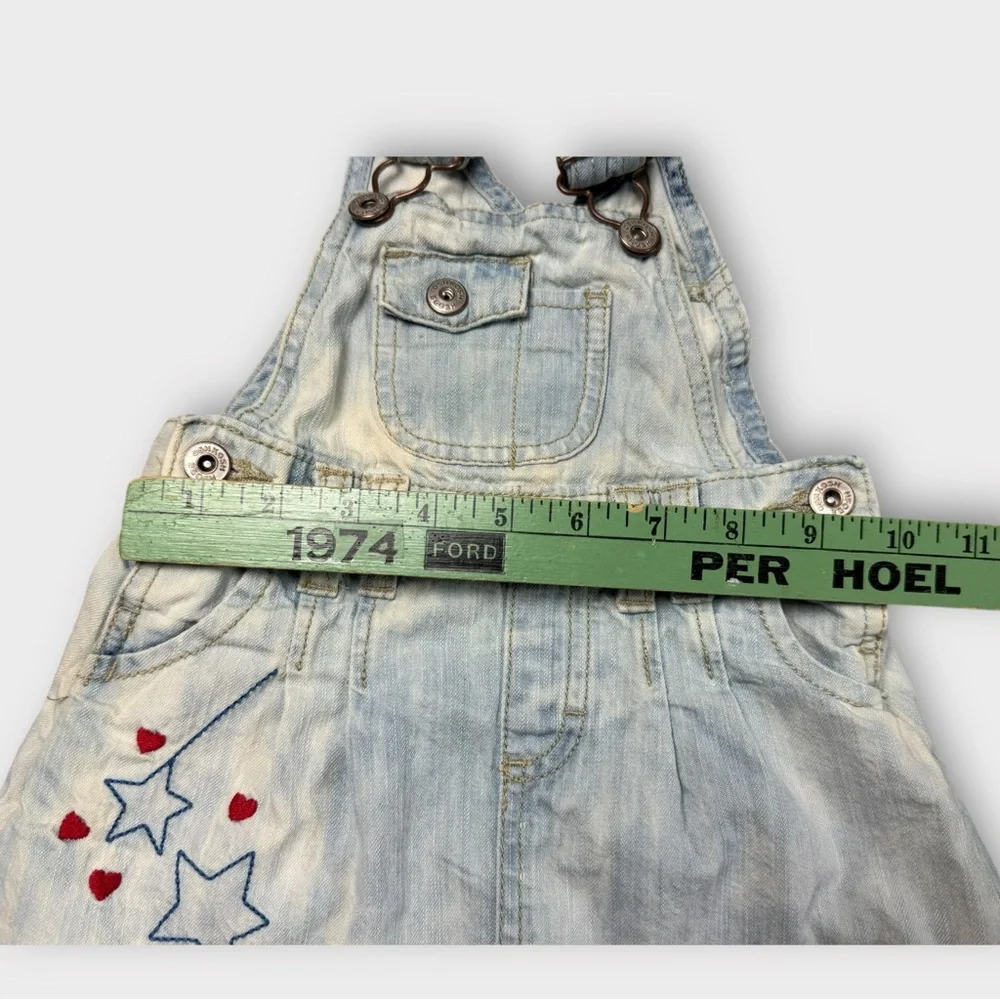 OshKosh Bgosh Baby Girls 12M Acid Wash Denim Overall Dress Stars Hearts 904-0374